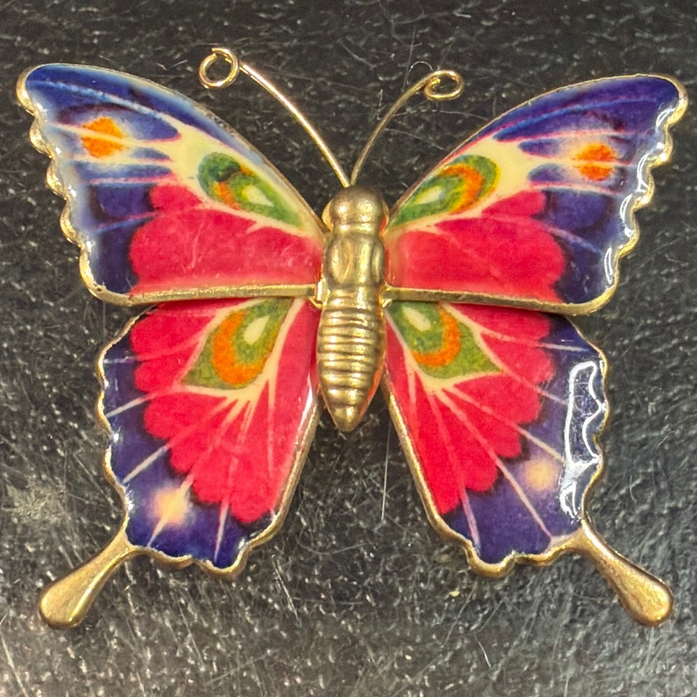 Vintage Butterfly Brooch Enameled Gold Tone Pink Purple Swallowtail Pin